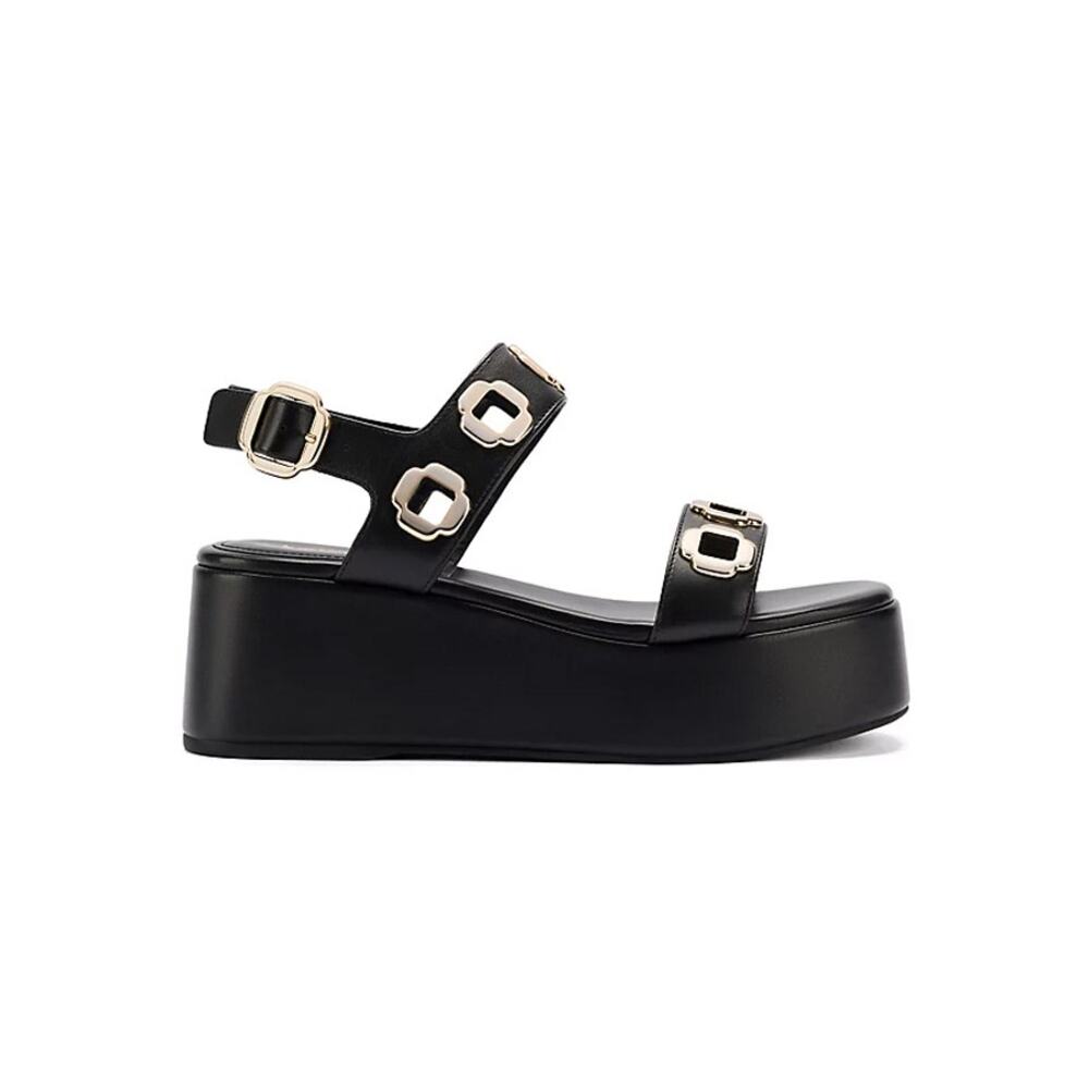 Larroude Milan Black Leather Grommet Flatform Sandals Size 9